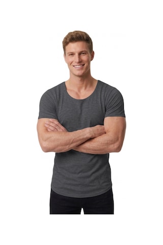 Deepsea Erkek Antrasit Slim Fit %90 Pamuk Açık Yaka Oval Kesim Likralı Basic Tişört 1801199