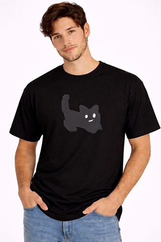 Nevermind Unisex Oversize Tişört Kedi Baskılı Minimal Tasarım Pamuk Siyah