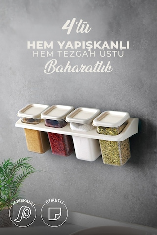Kitchen Life 4'lü Etiketli Standlı Kendinden Yapışkanlı Kare Baharatlık Takımı - Erzak Saklama Kabı Seti Krem