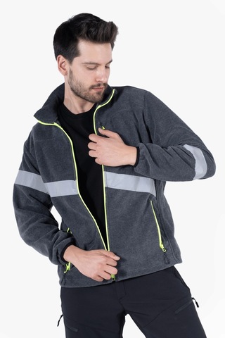 Neon Sarı Fermuarlı Reflektörlü Polar Gri Melanj