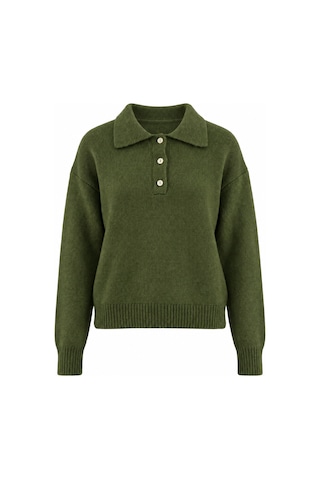 Maison Velora Kadın Haki Basic Oversize Polo Yaka Yarım Pat Düğmeli Triko Kazak-27aj002 Haki 923050279 Haki