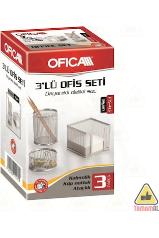 Ofis Masa Set Kalemlik + Küp Blok + Ataçlık 3 Lü Metal File Gümüş
