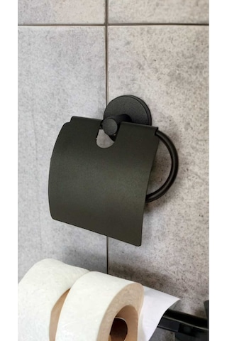 Yapışkanlı Banyo Seti, Siyah, Düz Havluluk, Kapaklı Tuvalet Kağıtlığı, Bornozluk Siyah