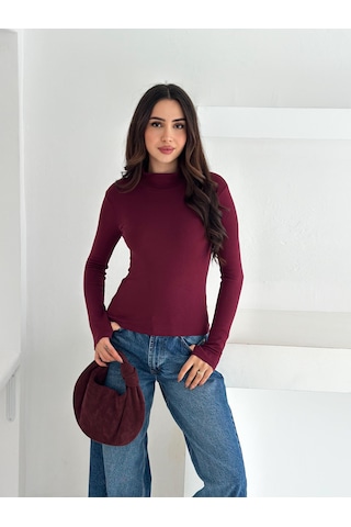 Kadın Yarım Balıkçı Yaka Parmak Geçmeli Full Likralı Buzz Body Bordo