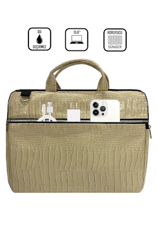 Krem Kroko Macbook Air Pro 13-14-15.6 Inç Darbeye Karşı Korumalı Laptop Çantası