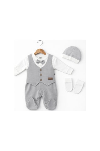 Işıl Baby Papyonlu Yelekli Erkek Bebek Tulum Takım Gri