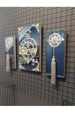 Bymelekoğlu 3'lü Çerçeveli Aynalı Takım Saati Duvar Saati Gümüş