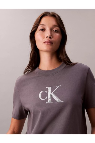 Kadın Kısa Kol Ck Yazı Detay Bisiklet Yaka Gri T-shirt Gri
