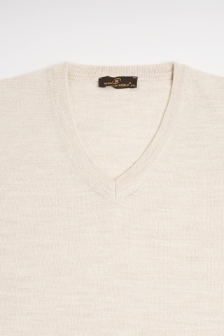 Woolen World V Yaka Battal Büyük Boy Yünlü Triko Kazak Krem