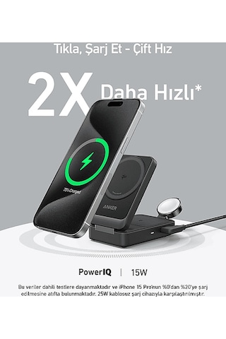 Anker Maggo Katlanabilir 3'ü 1 Arada Kablosuz Şarj İstasyonu Siyah