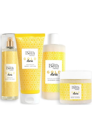 The Bath Factory Gold Aura Duş Jeli + Gold Aura Vücut Peelingi + Gold Aura Vücut Spreyi + Gold Aura Vücut Losyonu Mistik