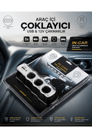 3'lü Araç Çakmaklık Çoklayıcı Usb Şarj Girişli 12v-24v Oto Çakmak Soketi Dönüştürücü