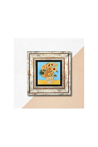 Van Gogh On İki Ayçiçekli Vazo Taş Duvar Tablosu - Çerçeveli Taş Tablo - Dekoratif Duvar Sanatı - Modern Ev Ve O Genel