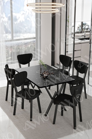 Avvio Mida Elma Sandalye 80x140 Yemek Masası Mutfak Masası 6 Kişilik Masa Sandalye Takım Siyah Mermer