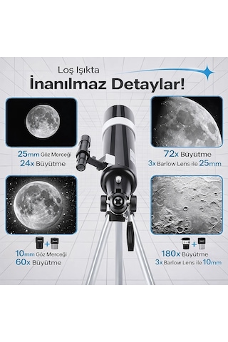 Dailytech 80mm Astronomi Teleskobu 600mm Odak Kumandalı 3x Barlow Lens Setli Yetişkinler & Yeni Başl