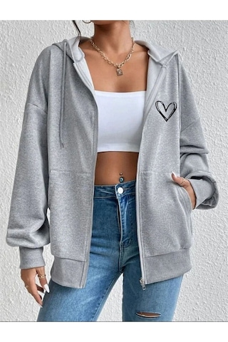 Kalp Hırka - Gri Baskılı Oversize Kapüşonlu Gri