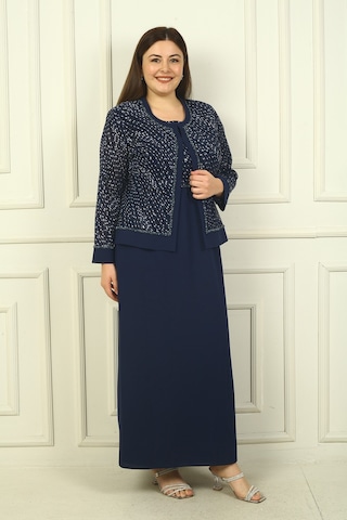 Kadın Boncuk Pul İşlemeli Tül Ceket Yarım Ay Kollu Uzun Elbise Astarlı Büyük Beden 2'li Takım Lacivert