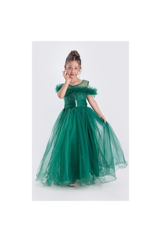 Mnk Baby & Kids Uzun Etek Kız Çocuk Robası Şifon Abiye M00723 Yeşil