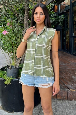 Kadın Haki Ekose Desen, Dokulu Bodrum Kumaş, Kolsuz Rahat Gömlek Haki