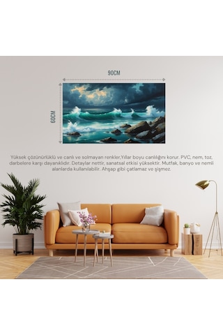 Doğa Ve Manzara Yatay Kayalara Çarpan Güçlü Okyanus Dalgaları, Dramatik Gökyüzü 01 Çerçevesiz 90x60cm Pvc Tablo