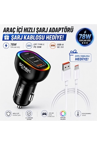 Schitec 3 Portlu Araç Şarj Aleti Ve 6a 120w Usba To Type-c Hızlı Data Ve Şarj Kablosu Beyaz