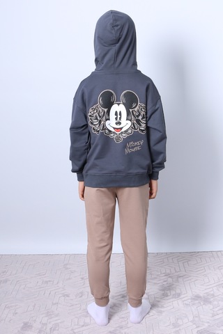 Erkek Çocuk Kapşonlu Eşofman Takımı Mickey Mouse Sırt Baskılı Ribanalı F3 Bej