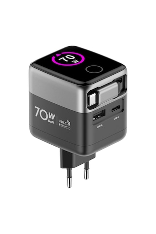 Xenon Smart Hızlı Şarj Adaptörü 70w, Gan, Usb-c & Usb-a, Dahili Type-c Kablo, Pd Pps, Dijital Ekran X6413