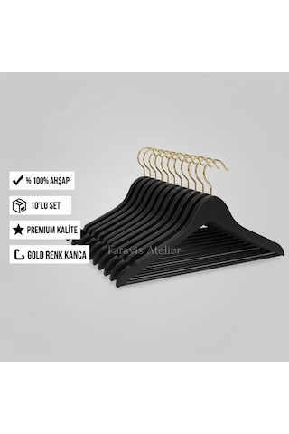 Faravis Atelier 10 Adet Ahşap Vernikli Askılık Elbise Gömlek Kıyafet Askısı Cilalı Premium Kalite Gold - Siyah