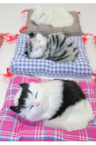 1 Adet Yastıkta Uyuyan Kedi Sesli Oyuncak Dekoratif Küçük Yastık 17 X 15 Cm, Uyku Kedi Figürü, Sound Pillow