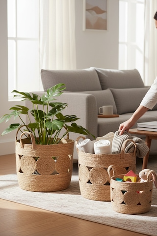 Akayev Nature Hasır 3lü Yuvarlak El Örmesi Saksı Ve Organizer Magazinlik