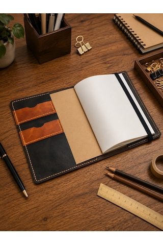 Bilikolik Hakiki Deri A5 Defter Kılıfı, El Yapımı, Telefon Cepli Ajanda Organizer, Defter Ve Kalem Dahil Koyu Kahve - Turuncu