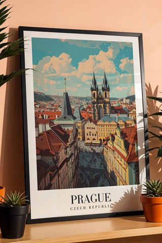 Prague Czech Republic Vintage Seyahat Posteri Çerçeveli Tablo - Premium Prag Elit Duvar Dekoru Siyah