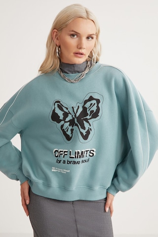 Grımelange Raketı Kadın Içi Polarlı Yumuşacık Bisiklet Yaka Biye Ve Parça Baskılı Relaxed Yeşil Sweatshirt