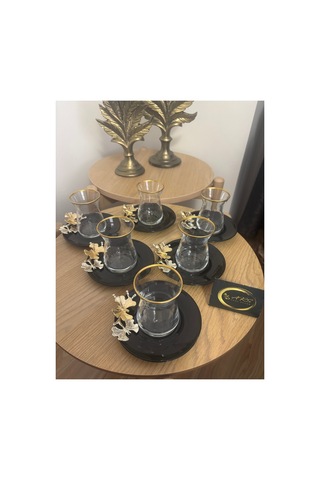 Siyah Cam Tabaklı Kelebek Detaylı 12 Parça 6 Kişilik Çay Seti, Çay Takımı, İrem Çay Bardak Siyah-black-gold
