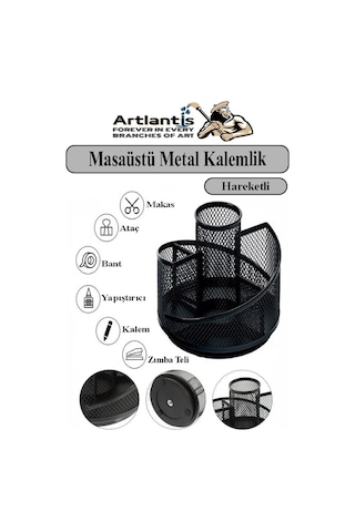 Döner Metal Masaüstü Düzenleyici 1 Adet Organizer Kalemlik Siyah Renk Hareketli 360 Derece Döner Kalemlik Fileli Siyah