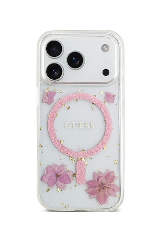 Apple Uyumlu iPhone 17 Pro Kılıf Guess Lisanslı M-safe Şarj Özellikli Transparan Resin Flowers Kapak Pembe Pembe
