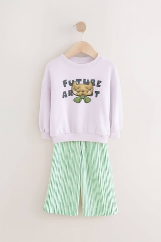 Kız Çocuk Kabartma Aplike Baskı Detaylı Sweatshirt Yeşil Beyaz Çizgili Jogger Alt Üst Takım Çok Renkli