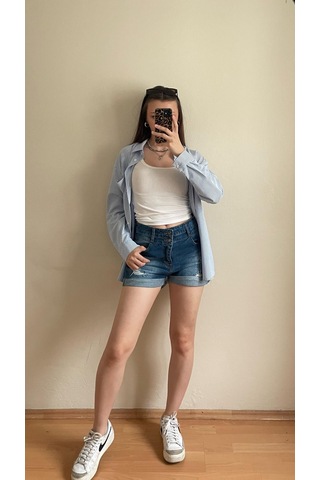 Pass&pass 2060 Kadın Lazerli Duble Paça Jeans Denim Kot Şort Mavi