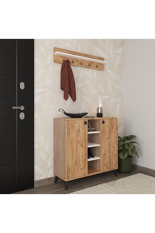 Albena 2 Kapaklı Ayakkabılık, Vestiyer, Portmanto, Askılık, 90 Cm Atlantik Çam Atlantik Çam - Beyaz