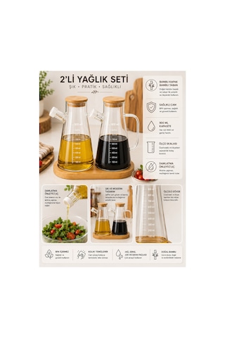 2 Li Yağdanlık Seti Cam Yağ Şişesi, Pratik Kullanım, Mutfak İçin Yağlık Seti Siyah