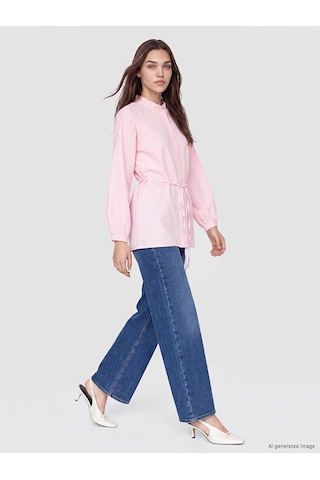 Lcw Modest Pembe Hakim Yaka Beli Kuşaklı Çizgili Kadın Gömlek Tunik