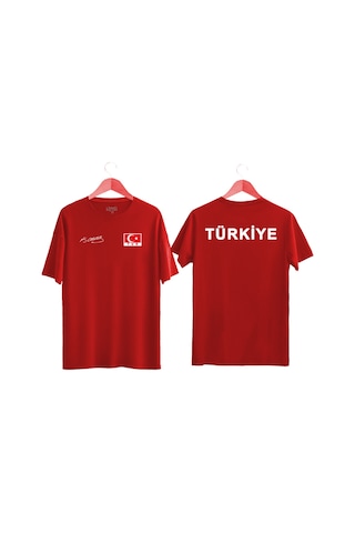 Türkiye Yazılı Atatürk İmzalı Türk Bayrağı Baskılı Tişört Ayyıldızlı T-shirt Kirmizi