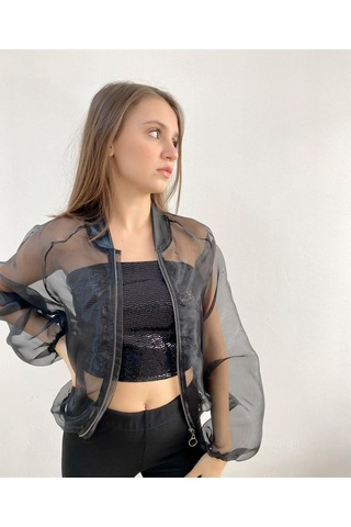 Organze Şifon Bomber Siyah Ceket Gömlek, Tasarım, Hediye, Büyük Beden, Tesettür Siyah