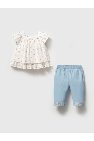 Minipomes Çiçek Desenli Fırfırlı Bluz Ve İşlemeli Denim Pantolonlu Kız Bebek Takım Mavi Mavi