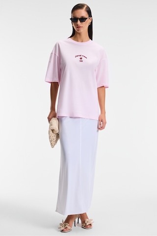 Ethıquet TAVENA Kadın %100 Pamuk Baskılı Oversize Fit Kısa Kollu Yuvarlak Yaka Pembe T-Shirt