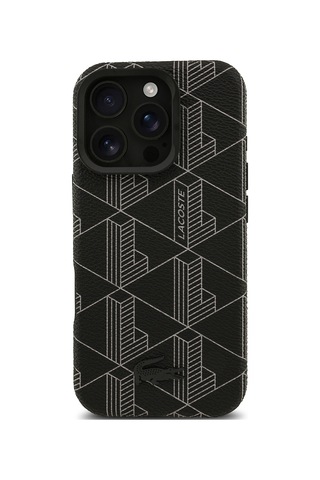 Apple Uyumlu iPhone 16 Pro Max Kılıf Lacoste Lisanslı M-safeli Standlı Pu Karışık Monogram Desenli Kapak Siyah Siyah