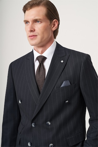 İmza Lacivert-gri Kırlangıç Yaka Çizgili Kruvaze 6 Drop Slim Fit Tam Astar Esnek Takım Elbise 1001260286 Lacivert - Gri