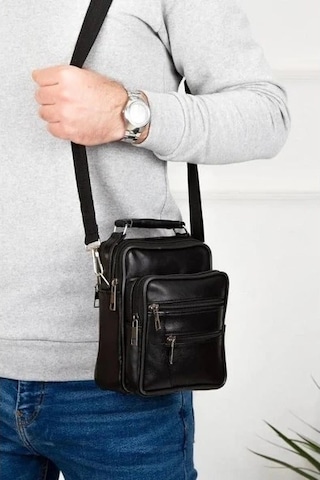 Newish Polo Erkek Hakiki Deri El Omuz Çantası Ve Mekanizmalı Cüzdan 15x19 Cm New101 - Siyah - Antrasit