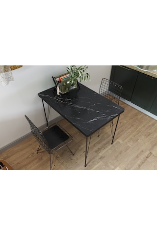 Arya 60x90 İki Kişilik Masa Takımı 2 Tel Sandalye Siyah Mermer
