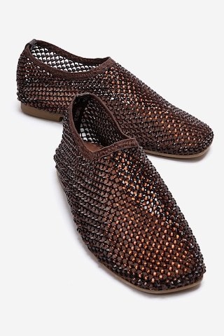 Luvishoes Urela Kahverengi Örgü Taşlı Hakiki Deri Kadın Babet Ayakkabı